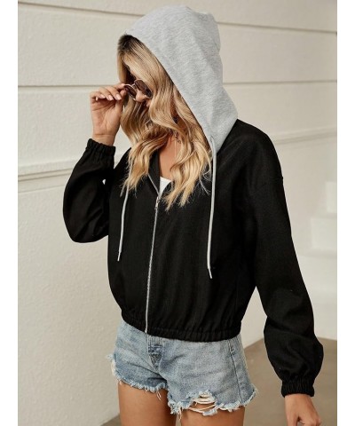 Women's Color Block Zip Up Drawstring Long Sleeve Casual Hooded Jacket Black $16.81 Jackets