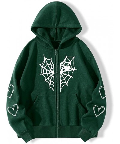 Y2K Gothic Spider Web Heart-shaped Print Hoodied Pullover Punk Zip Up Jacket Coat Harajuku Loose Oversized Streetwear Gark Gr...