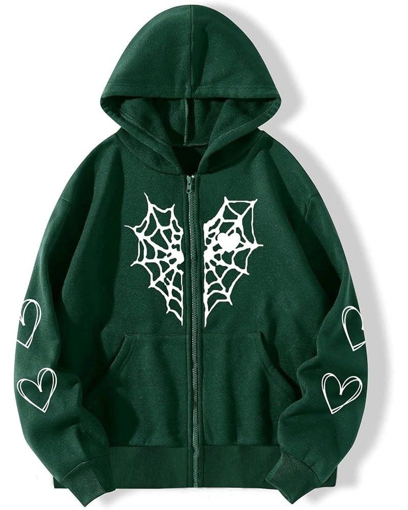 Y2K Gothic Spider Web Heart-shaped Print Hoodied Pullover Punk Zip Up Jacket Coat Harajuku Loose Oversized Streetwear Gark Gr...