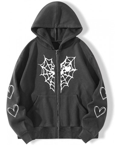 Y2K Gothic Spider Web Heart-shaped Print Hoodied Pullover Punk Zip Up Jacket Coat Harajuku Loose Oversized Streetwear Gark Gr...