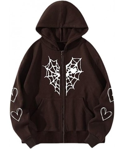 Y2K Gothic Spider Web Heart-shaped Print Hoodied Pullover Punk Zip Up Jacket Coat Harajuku Loose Oversized Streetwear Gark Gr...