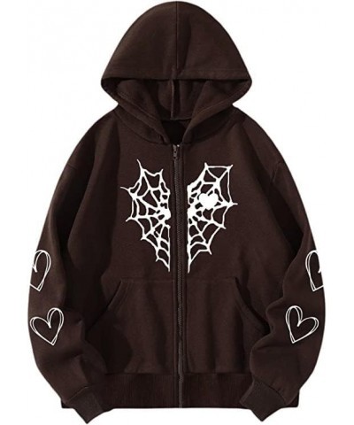 Y2K Gothic Spider Web Heart-shaped Print Hoodied Pullover Punk Zip Up Jacket Coat Harajuku Loose Oversized Streetwear Gark Gr...