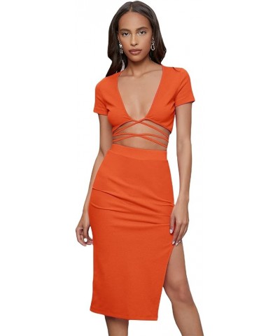 Women's 2 Piece Outfit Crisscross Tie Back Crop Top Split Hem Skirt Set Orange $21.59 Suits