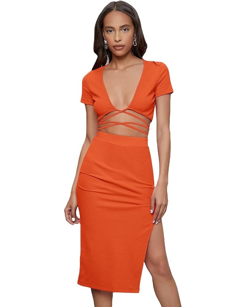 Women's 2 Piece Outfit Crisscross Tie Back Crop Top Split Hem Skirt Set Orange $21.59 Suits