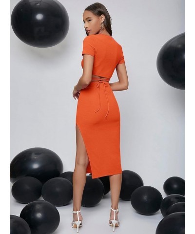 Women's 2 Piece Outfit Crisscross Tie Back Crop Top Split Hem Skirt Set Orange $21.59 Suits