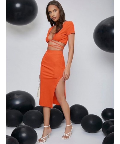 Women's 2 Piece Outfit Crisscross Tie Back Crop Top Split Hem Skirt Set Orange $21.59 Suits