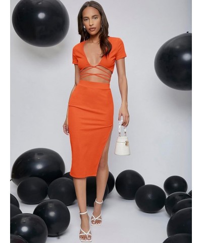 Women's 2 Piece Outfit Crisscross Tie Back Crop Top Split Hem Skirt Set Orange $21.59 Suits