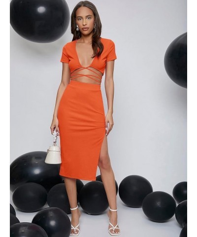 Women's 2 Piece Outfit Crisscross Tie Back Crop Top Split Hem Skirt Set Orange $21.59 Suits