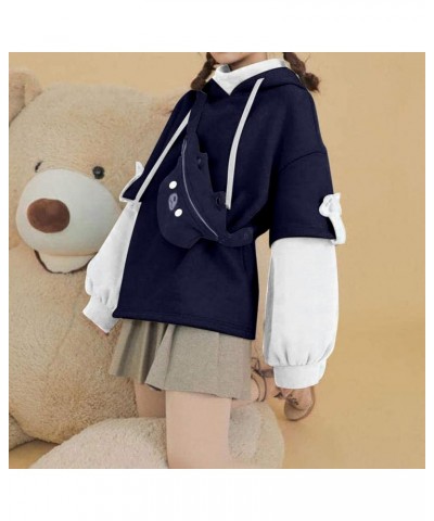 Fake Two Pieces Fleece Hooded Sweatshirt Bear Hoodie for Women Long Sleeve Pullover with Cute Bear Bag Detachable Bear Pouch ...