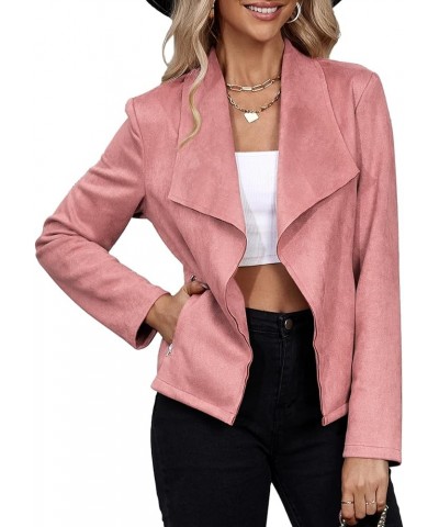 Womens Fashion Moto Jacket Woman Faux Suede Cropped Coat Casual Long Sleeve Open Front Outwear Pink $15.40 Coats
