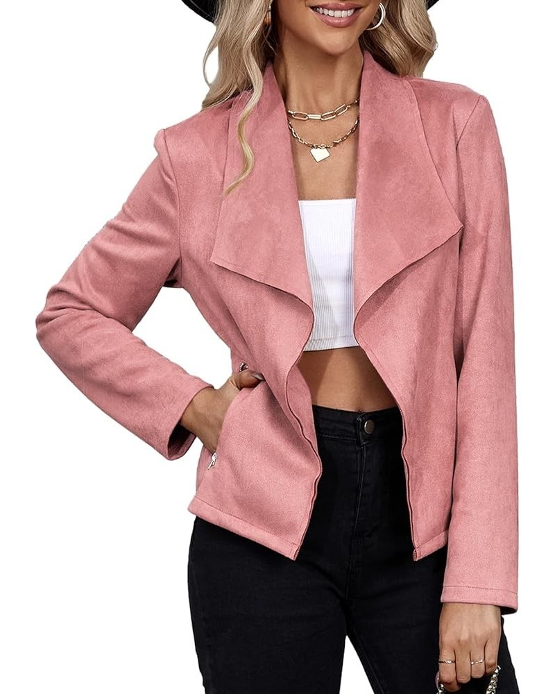 Womens Fashion Moto Jacket Woman Faux Suede Cropped Coat Casual Long Sleeve Open Front Outwear Pink $15.40 Coats