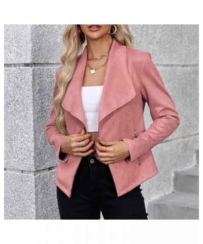 Womens Fashion Moto Jacket Woman Faux Suede Cropped Coat Casual Long Sleeve Open Front Outwear Pink $15.40 Coats