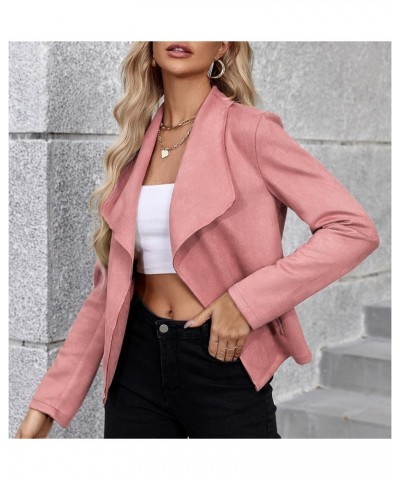 Womens Fashion Moto Jacket Woman Faux Suede Cropped Coat Casual Long Sleeve Open Front Outwear Pink $15.40 Coats