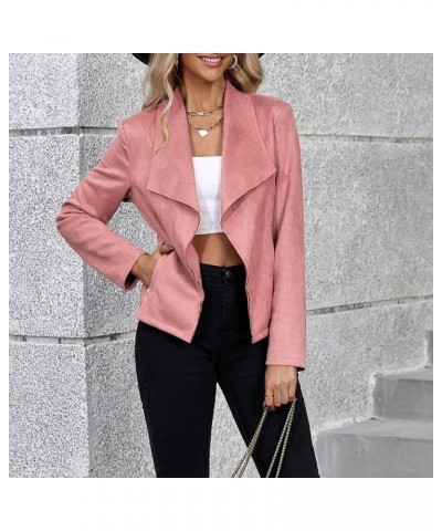 Womens Fashion Moto Jacket Woman Faux Suede Cropped Coat Casual Long Sleeve Open Front Outwear Pink $15.40 Coats