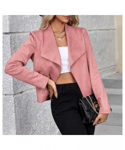 Womens Fashion Moto Jacket Woman Faux Suede Cropped Coat Casual Long Sleeve Open Front Outwear Pink $15.40 Coats