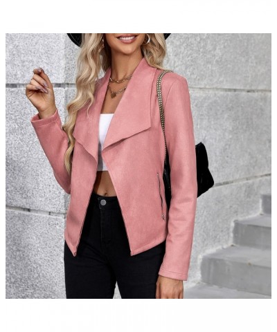 Womens Fashion Moto Jacket Woman Faux Suede Cropped Coat Casual Long Sleeve Open Front Outwear Pink $15.40 Coats