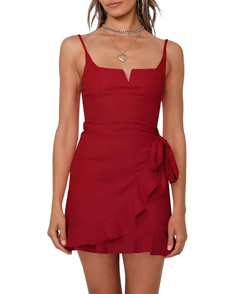 Women's Dress Spaghetti Strap Waist Tie Knot Wrap Front Ruffle Hem Short Dress 01 Red $26.39 Dresses