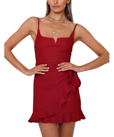 Women's Dress Spaghetti Strap Waist Tie Knot Wrap Front Ruffle Hem Short Dress 01 Red $26.39 Dresses