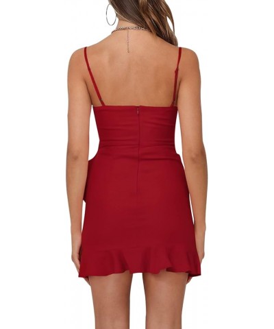 Women's Dress Spaghetti Strap Waist Tie Knot Wrap Front Ruffle Hem Short Dress 01 Red $26.39 Dresses