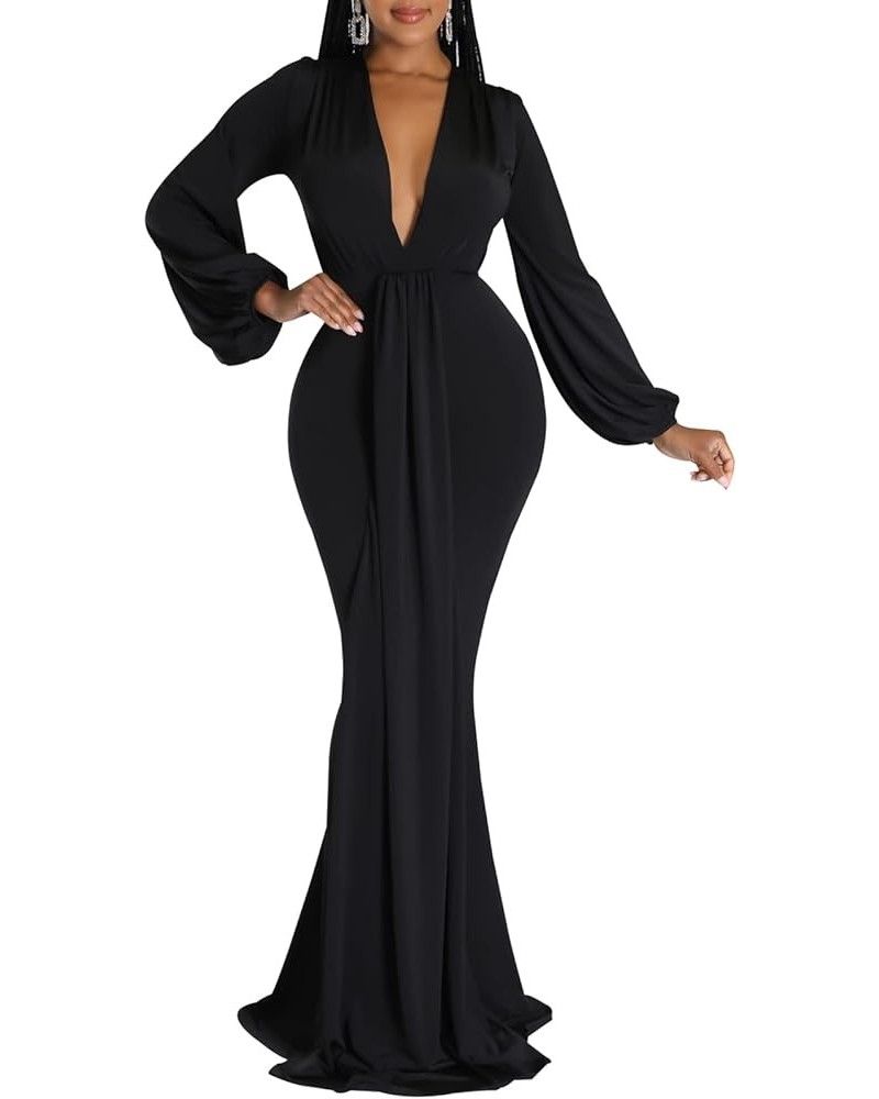 Sexy Floral Maxi Dress for Women Deep V-Neck Long Sleeve Casual Long Party Dress Black-f $26.99 Dresses