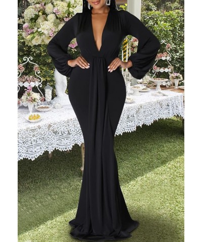 Sexy Floral Maxi Dress for Women Deep V-Neck Long Sleeve Casual Long Party Dress Black-f $26.99 Dresses