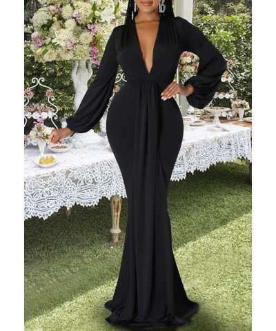 Sexy Floral Maxi Dress for Women Deep V-Neck Long Sleeve Casual Long Party Dress Black-f $26.99 Dresses