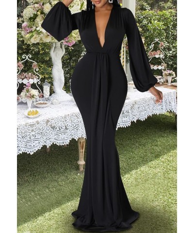 Sexy Floral Maxi Dress for Women Deep V-Neck Long Sleeve Casual Long Party Dress Black-f $26.99 Dresses