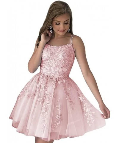 Spaghetti Straps Tulle Homecoming Dresses for Teens Short Prom Dress Lace Applique Cocktail Dress Party Gown Blush Pink $32.9...