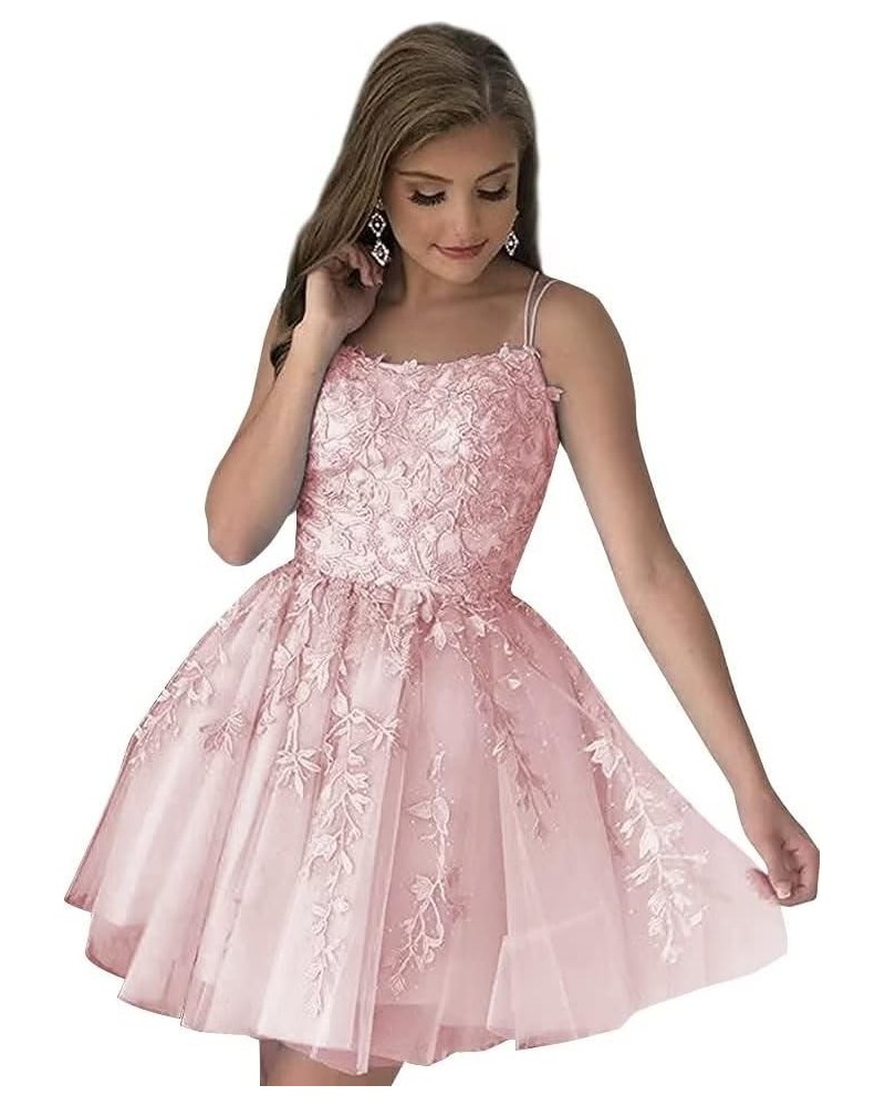 Spaghetti Straps Tulle Homecoming Dresses for Teens Short Prom Dress Lace Applique Cocktail Dress Party Gown Blush Pink $32.9...