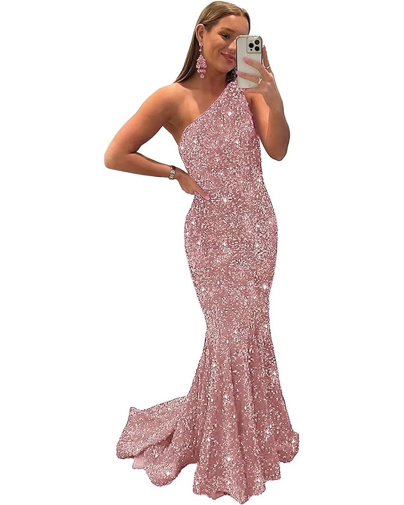 Womem's Sequin Mermaid Prom Dresses Long 2024 One Shoulder Sparkly Sexy Formal Evening Party Gowns Dusty Rose $36.39 Dresses