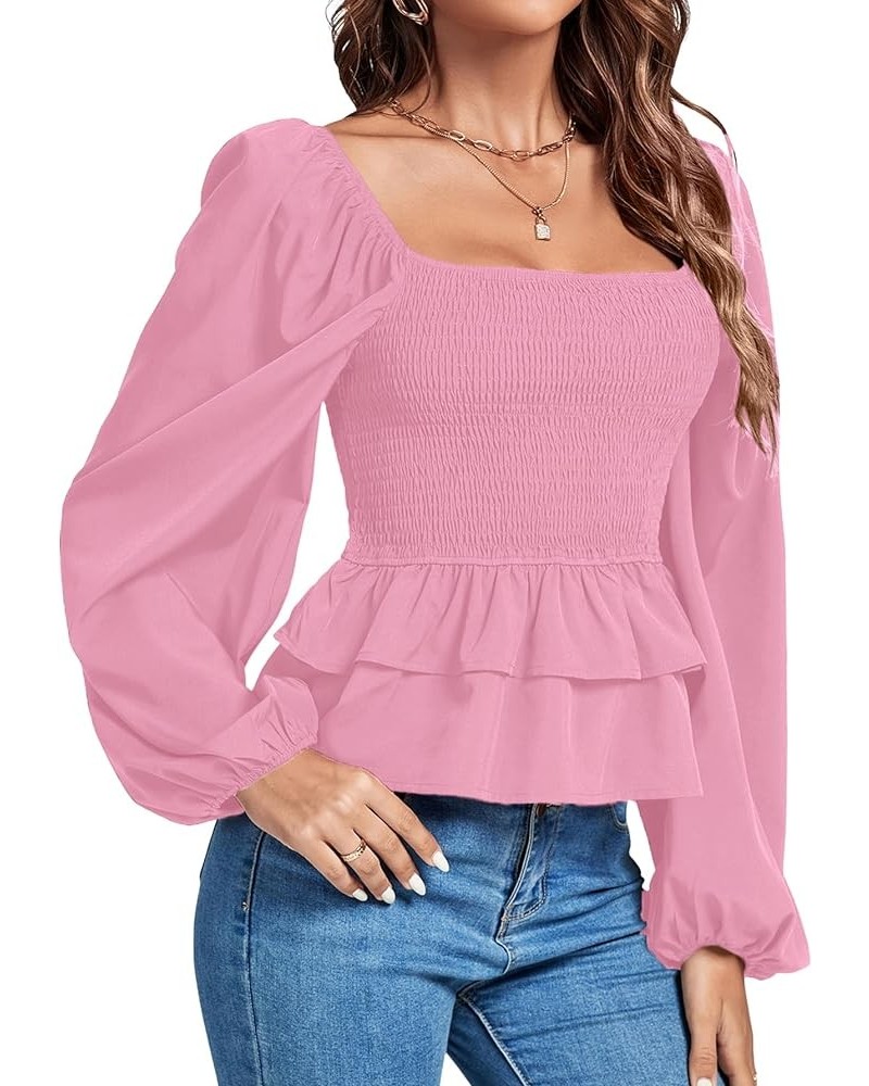 Women’s Square Neck Lantern Long Sleeve Shirred Ruffle Hem Smocked Peplum Babydoll Blouse Shirt Top Pink $20.29 Blouses