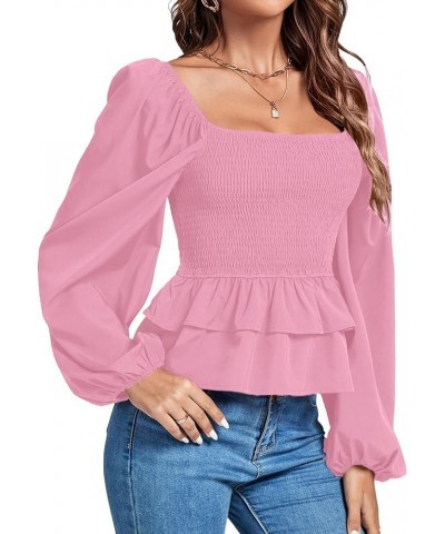 Women’s Square Neck Lantern Long Sleeve Shirred Ruffle Hem Smocked Peplum Babydoll Blouse Shirt Top Pink $20.29 Blouses