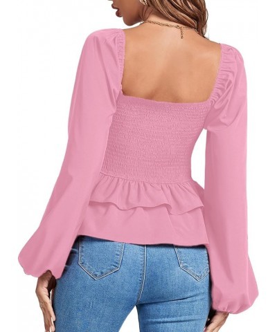 Women’s Square Neck Lantern Long Sleeve Shirred Ruffle Hem Smocked Peplum Babydoll Blouse Shirt Top Pink $20.29 Blouses