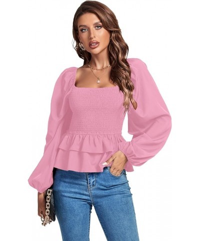 Women’s Square Neck Lantern Long Sleeve Shirred Ruffle Hem Smocked Peplum Babydoll Blouse Shirt Top Pink $20.29 Blouses