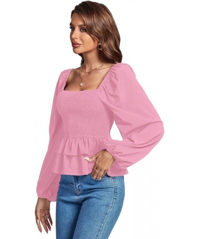 Women’s Square Neck Lantern Long Sleeve Shirred Ruffle Hem Smocked Peplum Babydoll Blouse Shirt Top Pink $20.29 Blouses