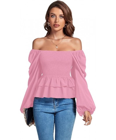 Women’s Square Neck Lantern Long Sleeve Shirred Ruffle Hem Smocked Peplum Babydoll Blouse Shirt Top Pink $20.29 Blouses