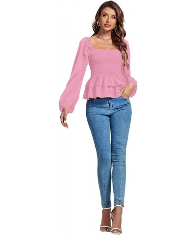 Women’s Square Neck Lantern Long Sleeve Shirred Ruffle Hem Smocked Peplum Babydoll Blouse Shirt Top Pink $20.29 Blouses