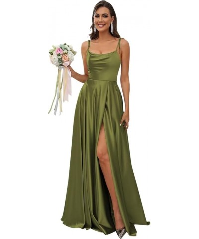 Women's Spaghetti Straps Satin Bridesmaid Dresses with Slit A Line Long Formal Party Dresses with Slit QA089 Olive Green $28....