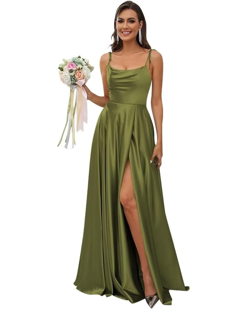 Women's Spaghetti Straps Satin Bridesmaid Dresses with Slit A Line Long Formal Party Dresses with Slit QA089 Olive Green $28....