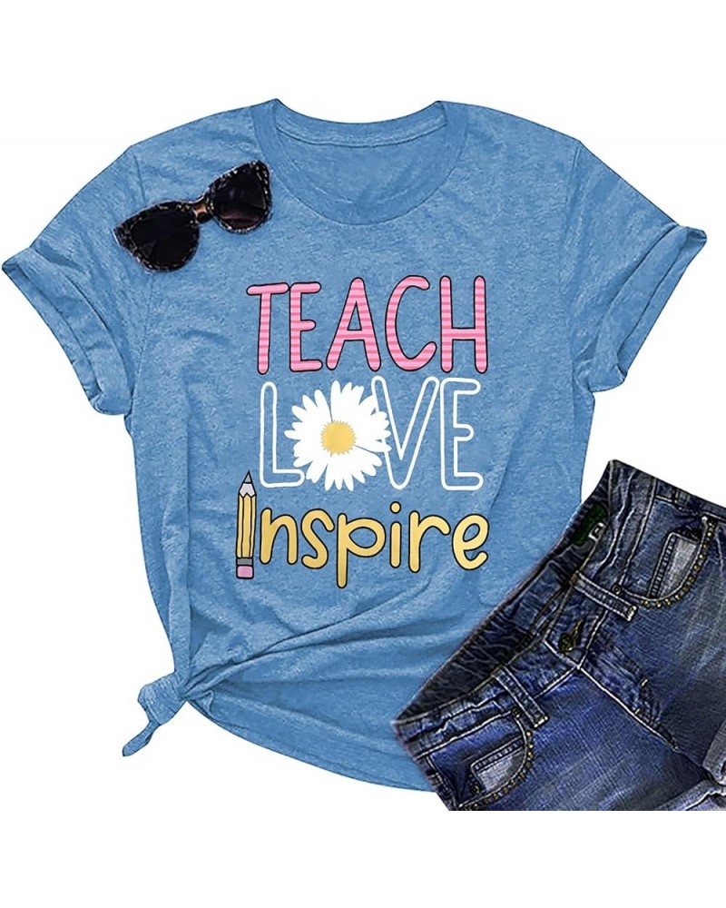 Women's T-Shirt Teaching Kindness Teacher Shirt Funny Short Sleeve Inspirational Graphic Tee Top Light Blue $10.05 T-Shirts