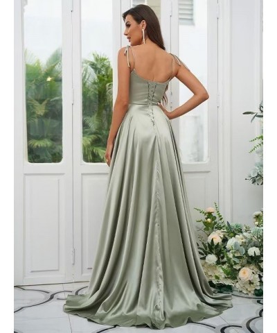 Women's Spaghetti Straps Satin Bridesmaid Dresses with Slit A Line Long Formal Party Dresses with Slit QA089 Olive Green $28....