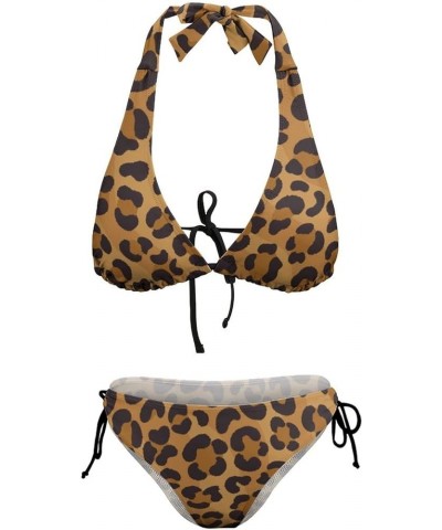 Women's Leopard Print Swimsuit Halter Padded Top Tie Side Bottom Triangle Bikini Sets Color5 $13.76 Swimsuits