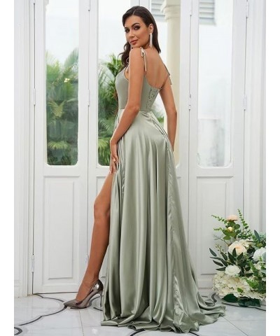 Women's Spaghetti Straps Satin Bridesmaid Dresses with Slit A Line Long Formal Party Dresses with Slit QA089 Olive Green $28....