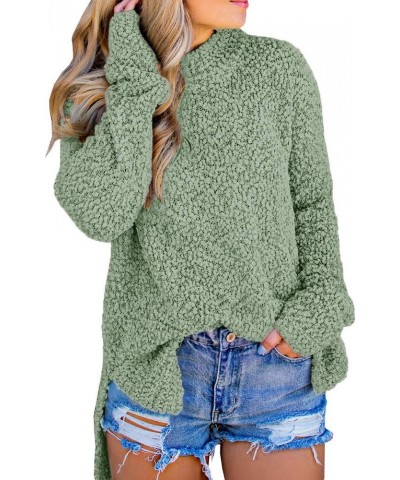 Womens Fuzzy Knitted Sweater Sherpa Fleece Side Slit Full Sleeve Jumper Outwears Green $19.71 Sweaters