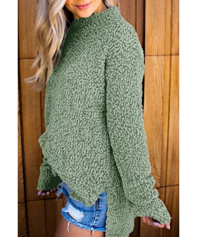 Womens Fuzzy Knitted Sweater Sherpa Fleece Side Slit Full Sleeve Jumper Outwears Green $19.71 Sweaters