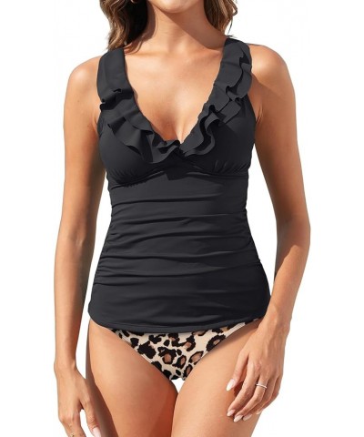 Womens 2 Piece Falbala Ruffle Flounce Tankini Swimsuits Ruched Bathing Suits Deep V Neck Swimwear Black Leopard $12.80 Swimsuits