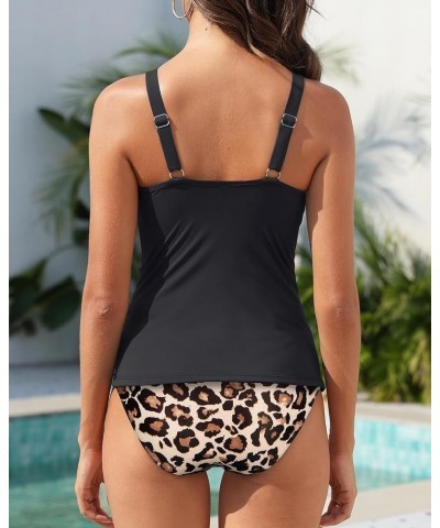 Womens 2 Piece Falbala Ruffle Flounce Tankini Swimsuits Ruched Bathing Suits Deep V Neck Swimwear Black Leopard $12.80 Swimsuits