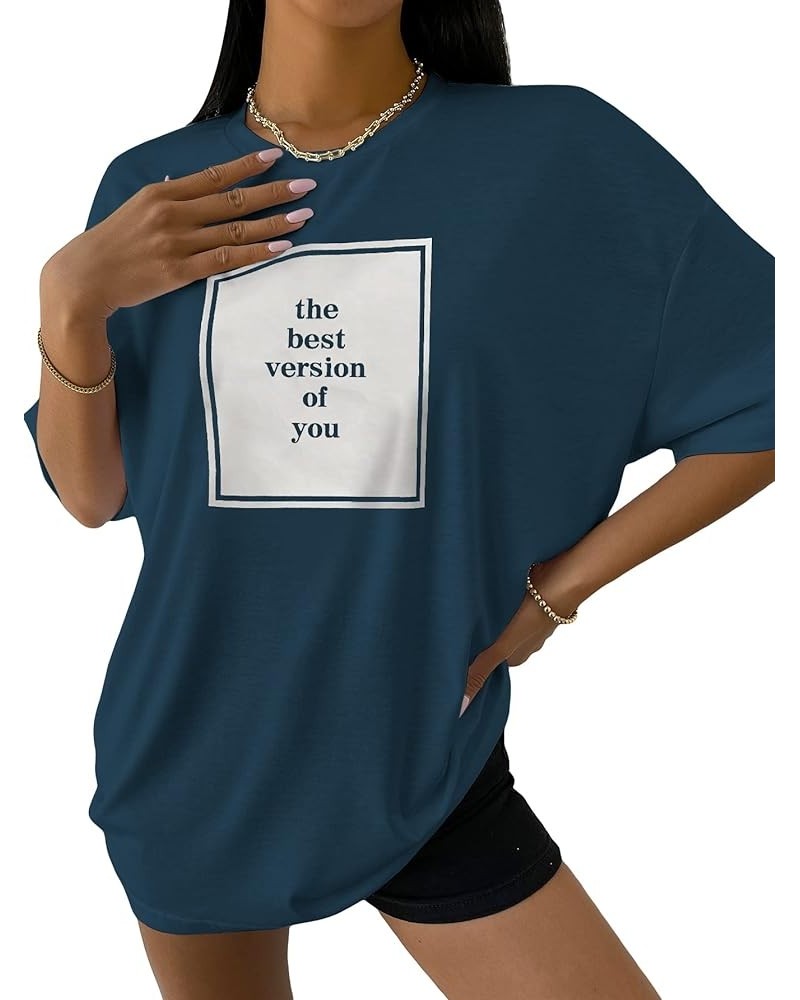 Women's Oversized Graphic Letter Print T Shirts Short Sleeve Loose T Shirts Casual Women Summer Tops Teal Blue $11.17 T-Shirts