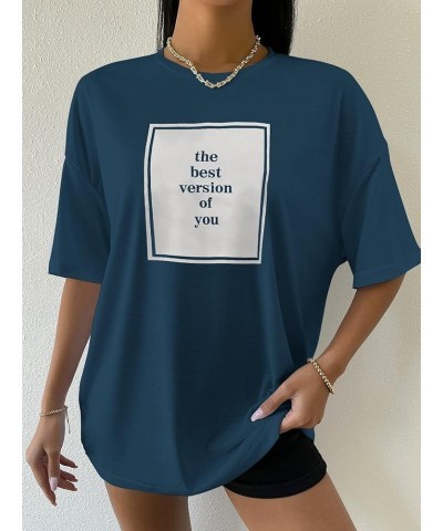 Women's Oversized Graphic Letter Print T Shirts Short Sleeve Loose T Shirts Casual Women Summer Tops Teal Blue $11.17 T-Shirts