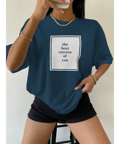 Women's Oversized Graphic Letter Print T Shirts Short Sleeve Loose T Shirts Casual Women Summer Tops Teal Blue $11.17 T-Shirts